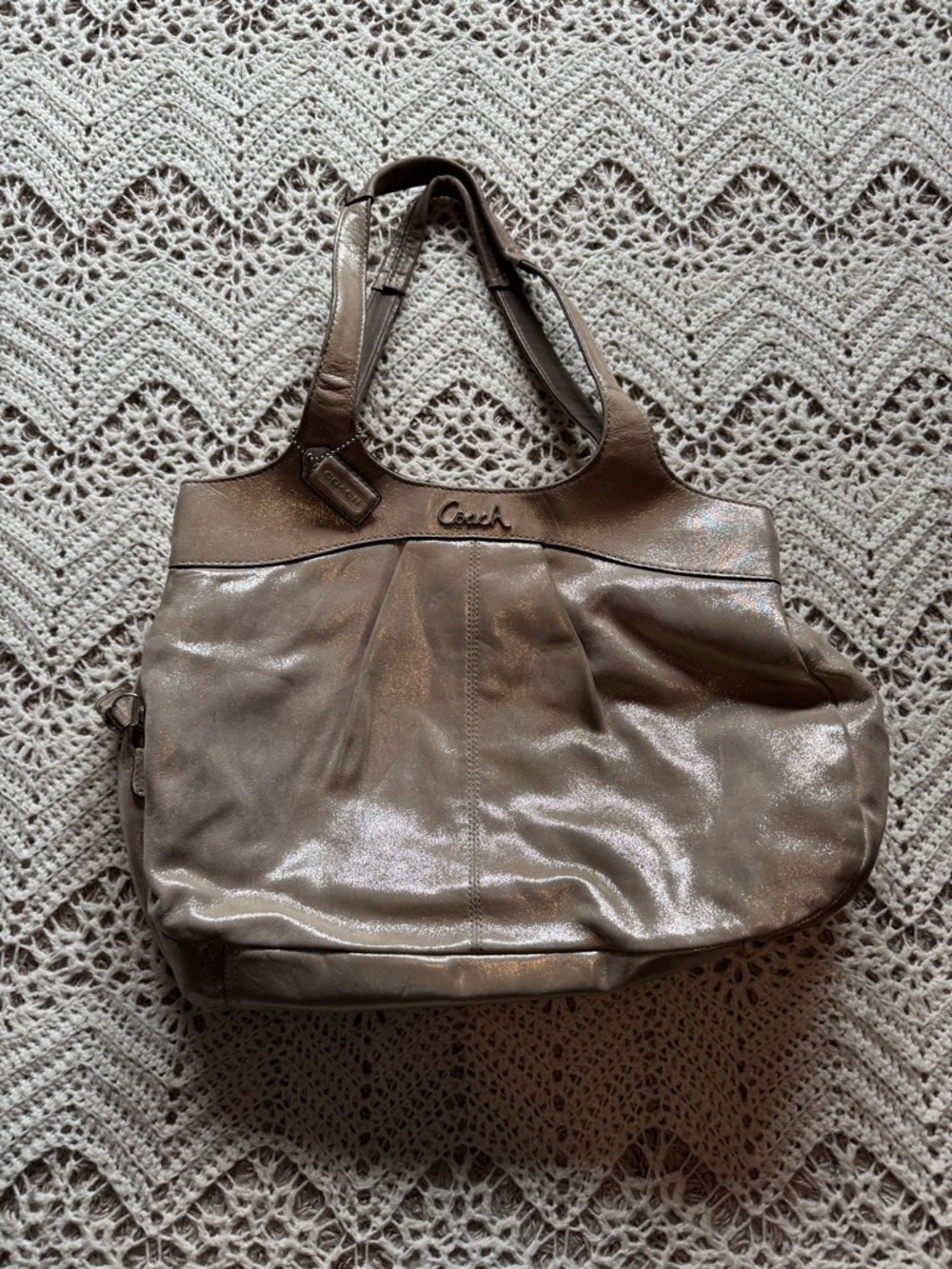 Coach Lexi Satchel in Metallic Champagne Gold Sparkle Leather – Style F18829